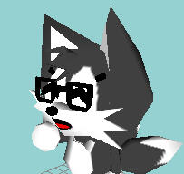 A grey, purple eyed, two-tailed anthropomorphic kitsune.